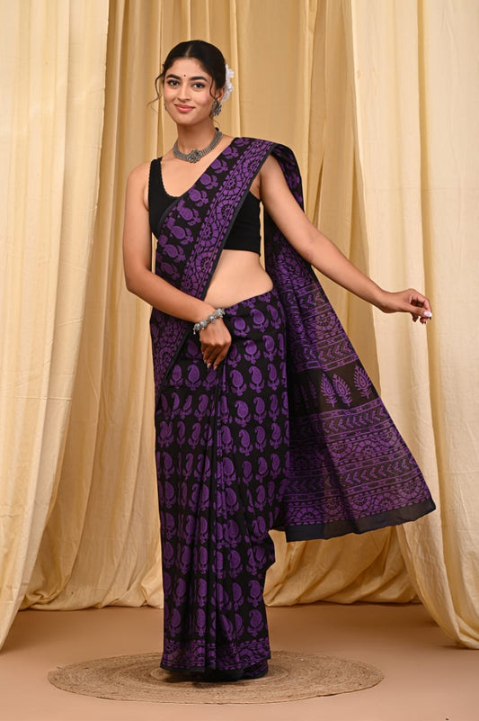 COTTON HANDBLOCK PRINTED MULMUL SAREES