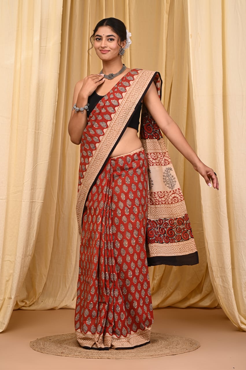 EARTH COLOUR HANDBLOCK  MULMUL SAREE
