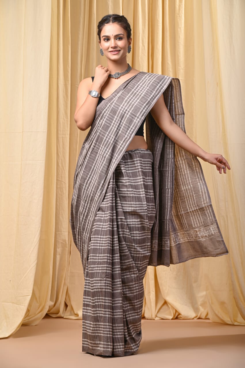 CHOCOLATE GREY HANDBLOCK  MULMUL SAREE