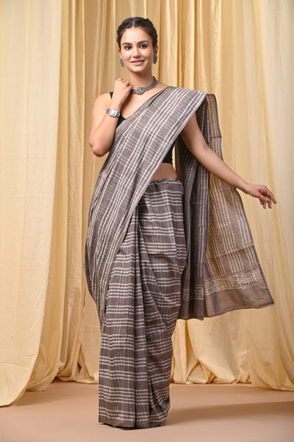 CHOCOLATE GREY HANDBLOCK  MULMUL SAREE