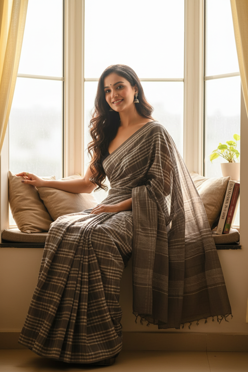 CHOCOLATE GREY HANDBLOCK  MULMUL SAREE