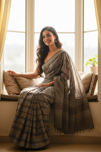 CHOCOLATE GREY HANDBLOCK  MULMUL SAREE