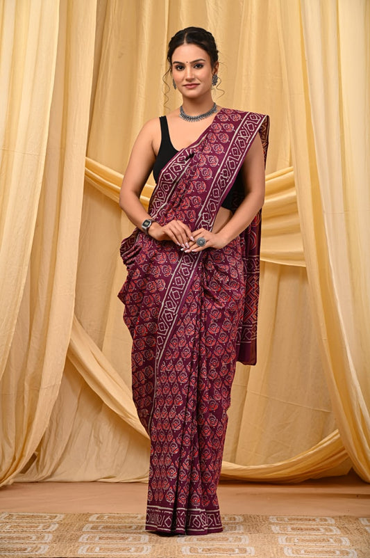 MAROON HANDBLOCK  MULMUL SAREE
