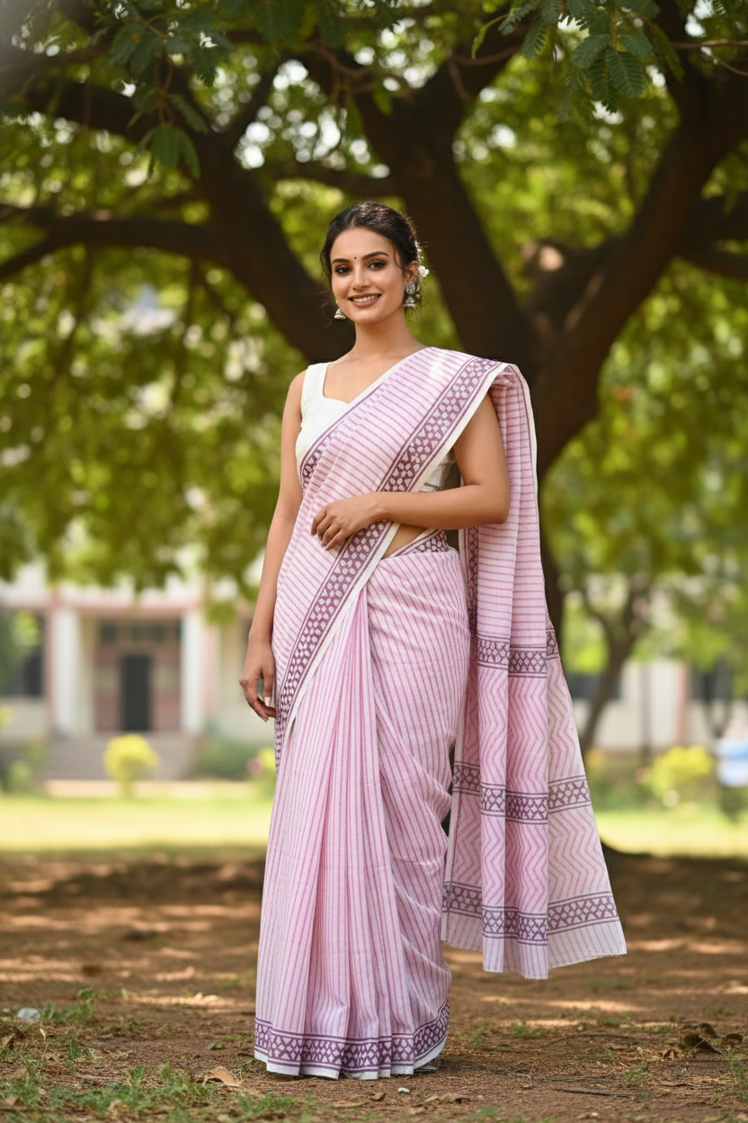PINK GEOMETRIC HANDBLOCK  MULMUL SAREE