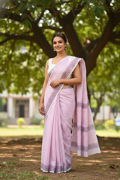 PINK GEOMETRIC HANDBLOCK  MULMUL SAREE