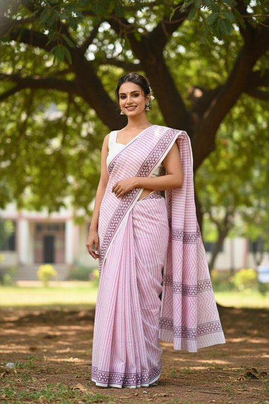PINK GEOMETRIC HANDBLOCK  MULMUL SAREE