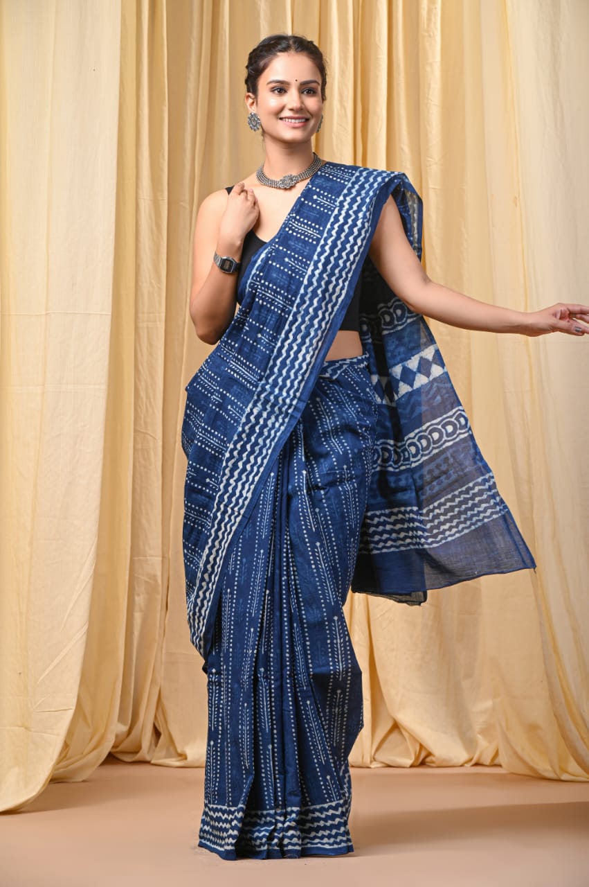 INDIGO HANDBLOCK MULMUL SAREE