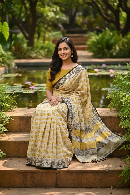 CREAM HANDBLOCK MULMUL SAREE