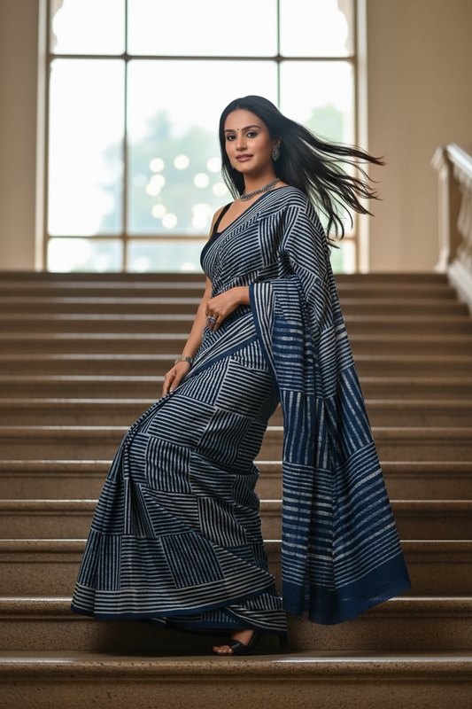 INDIGO HANBLOCK  MULMUL SAREE