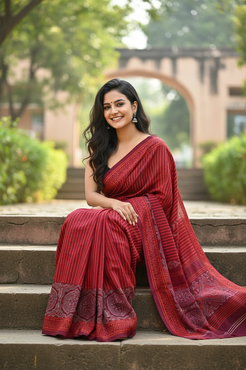 RED GEOMETRIC HANDBLOCK  MULMUL SAREE