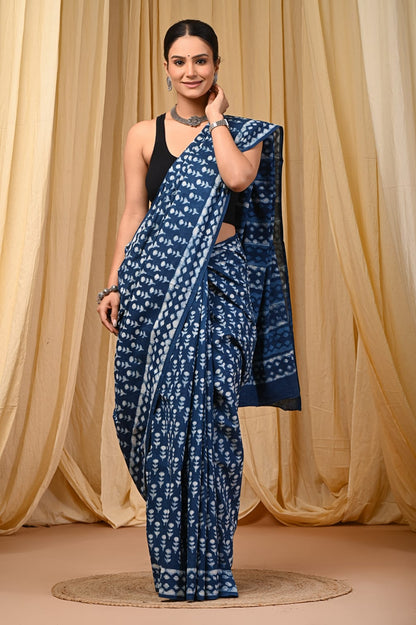 INDIGO HANDBLOCK  MULMUL SAREE