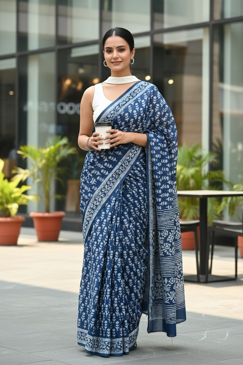 INDIGO HANDBLOCK  MULMUL SAREE
