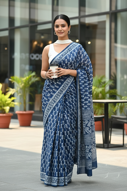 INDIGO HANDBLOCK  MULMUL SAREE