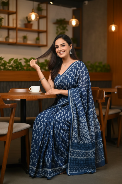INDIGO HANDBLOCK  MULMUL SAREE