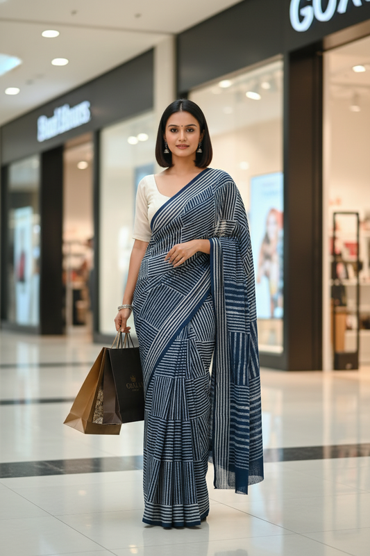 INDIGO HANBLOCK  MULMUL SAREE