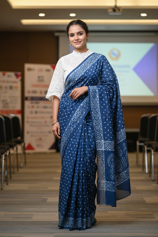 INDIGO HANDBLOCK  MULMUL SAREE