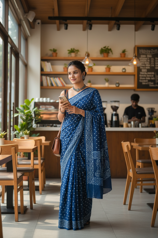 INDIGO HANDBLOCK  MULMUL SAREE