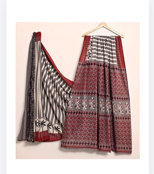 GRAY& RED  HANDBLOCK MULMUL SAREE