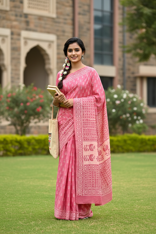 PINK  RANGOLI HAND BLOCK  MUL MUL SAREE