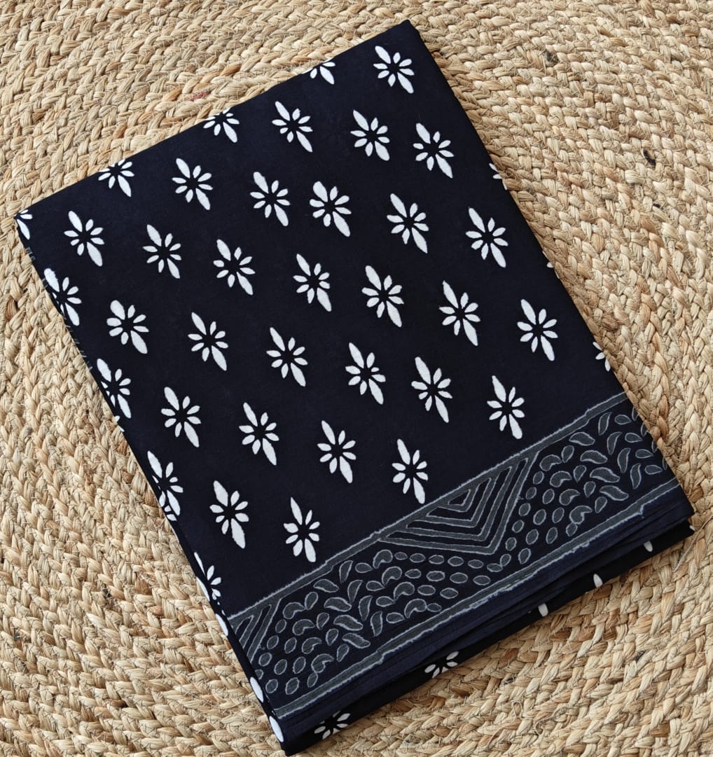 BLACK  HANDBLOCK MULMUL SAREE