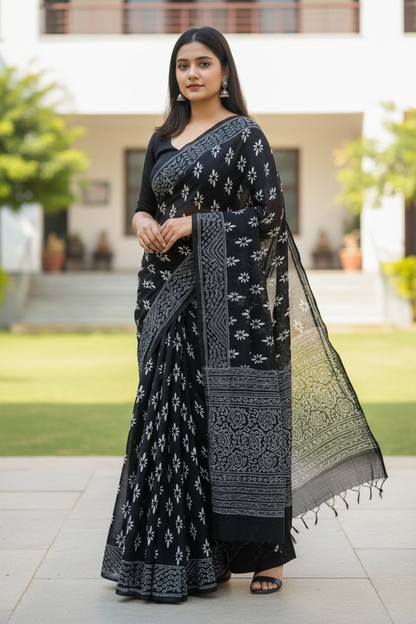 BLACK  HANDBLOCK MULMUL SAREE