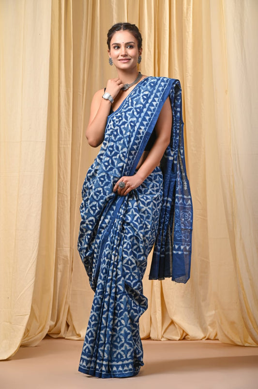 INDIGO HANDBLOCK  MULMUL SAREE1