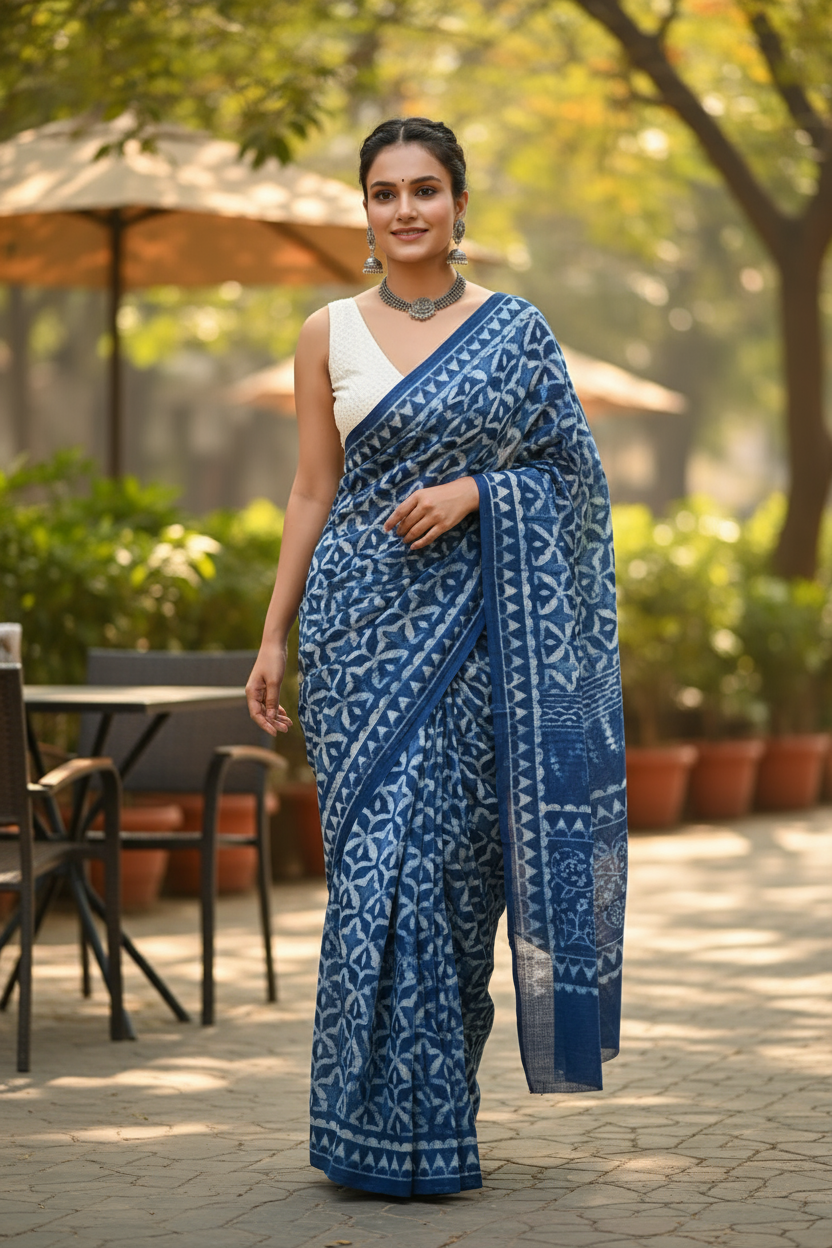 INDIGO HANDBLOCK  MULMUL SAREE1