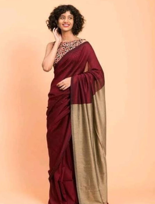 MAROON & GOLDEN YELLOW DUAL TONE KHADHI  SAREE