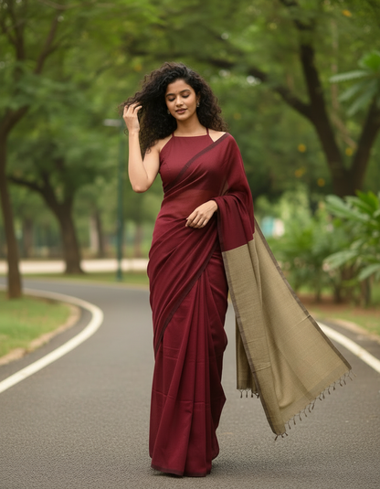 MAROON & GOLDEN YELLOW DUAL TONE KHADHI  SAREE
