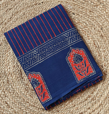 BLUE GEOMETRIC HANDBLOCK  MULMUL SAREE