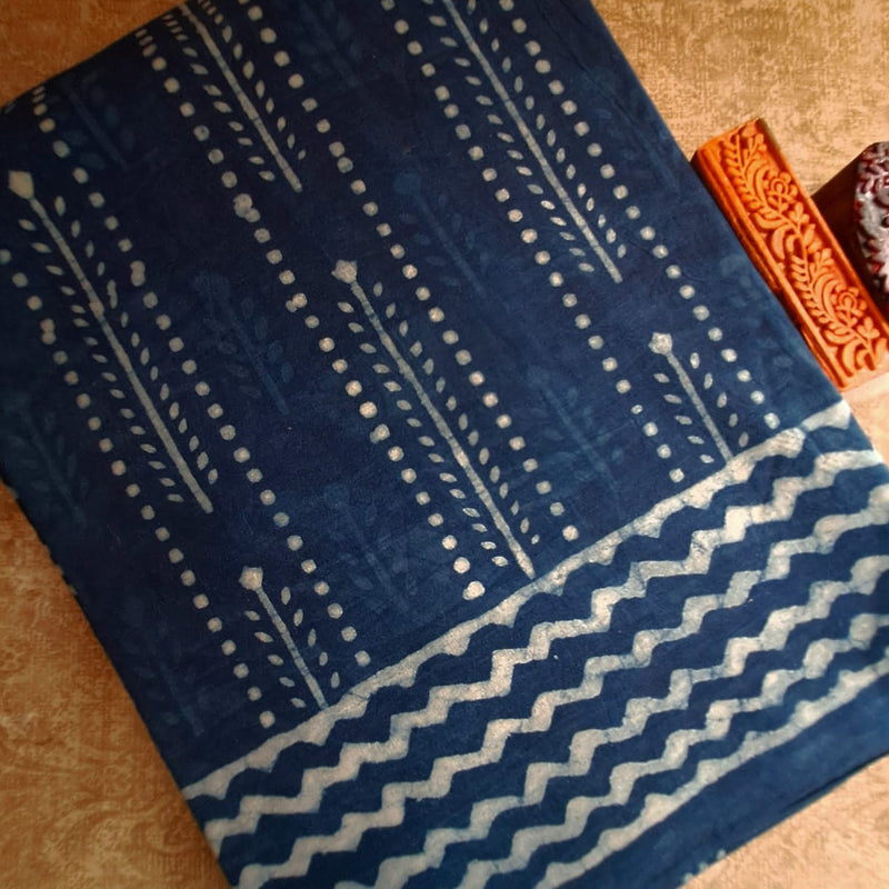 INDIGO HANDBLOCK MULMUL SAREE