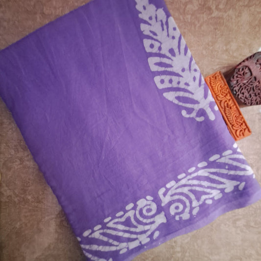 LAVENDER HANDBLOCK  MULMUL SAREE